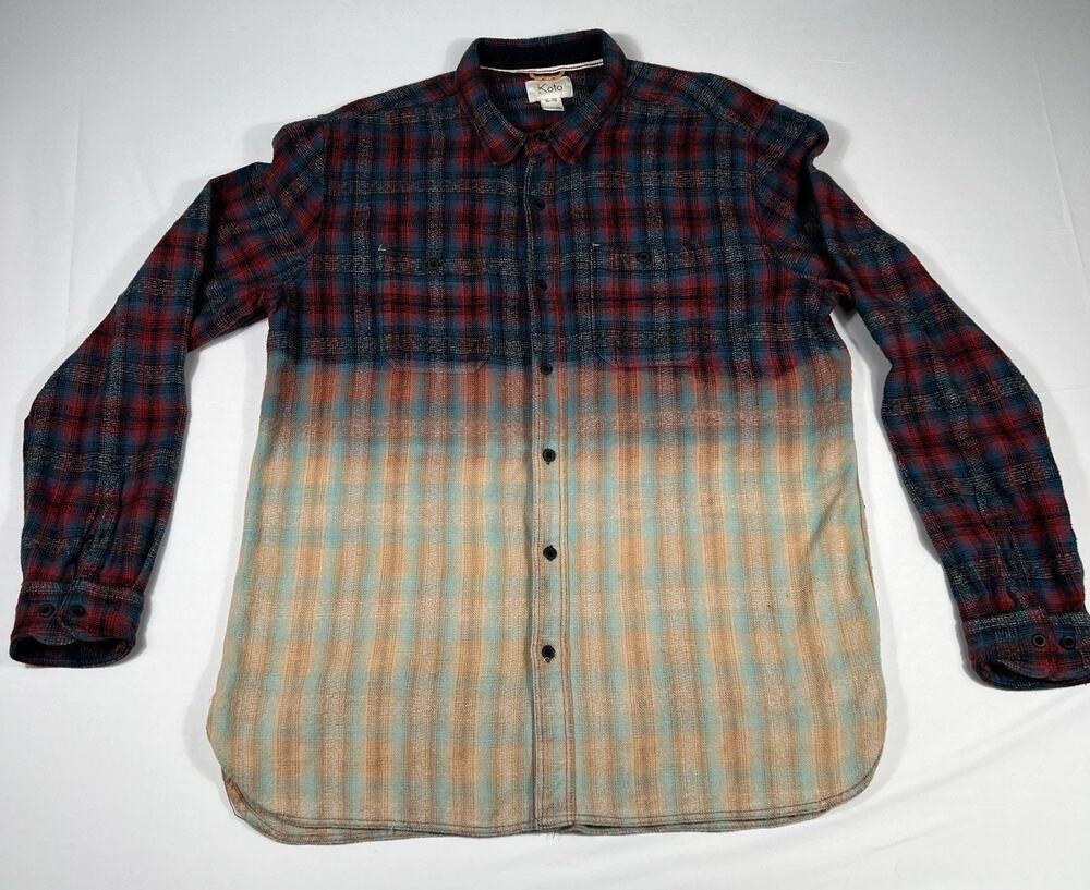 Men’s KOTO Red Gradient Ombre PlaidCotton Flannel Shirt Bleached Dip Dye Sz XL